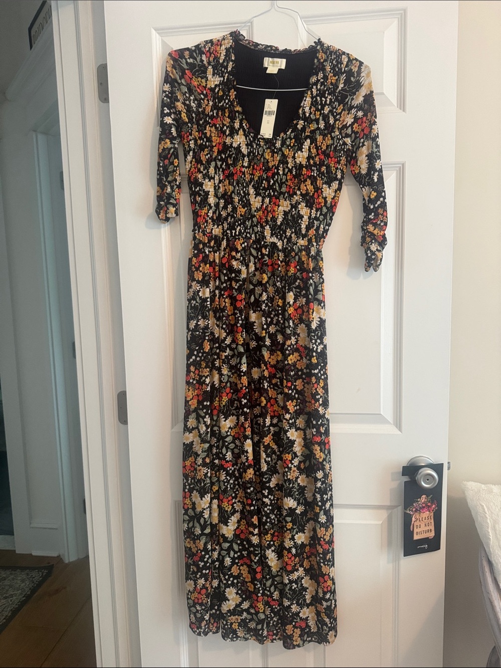Maeve Black Floral Smocked Maxi Dress with Red & Cream Accents